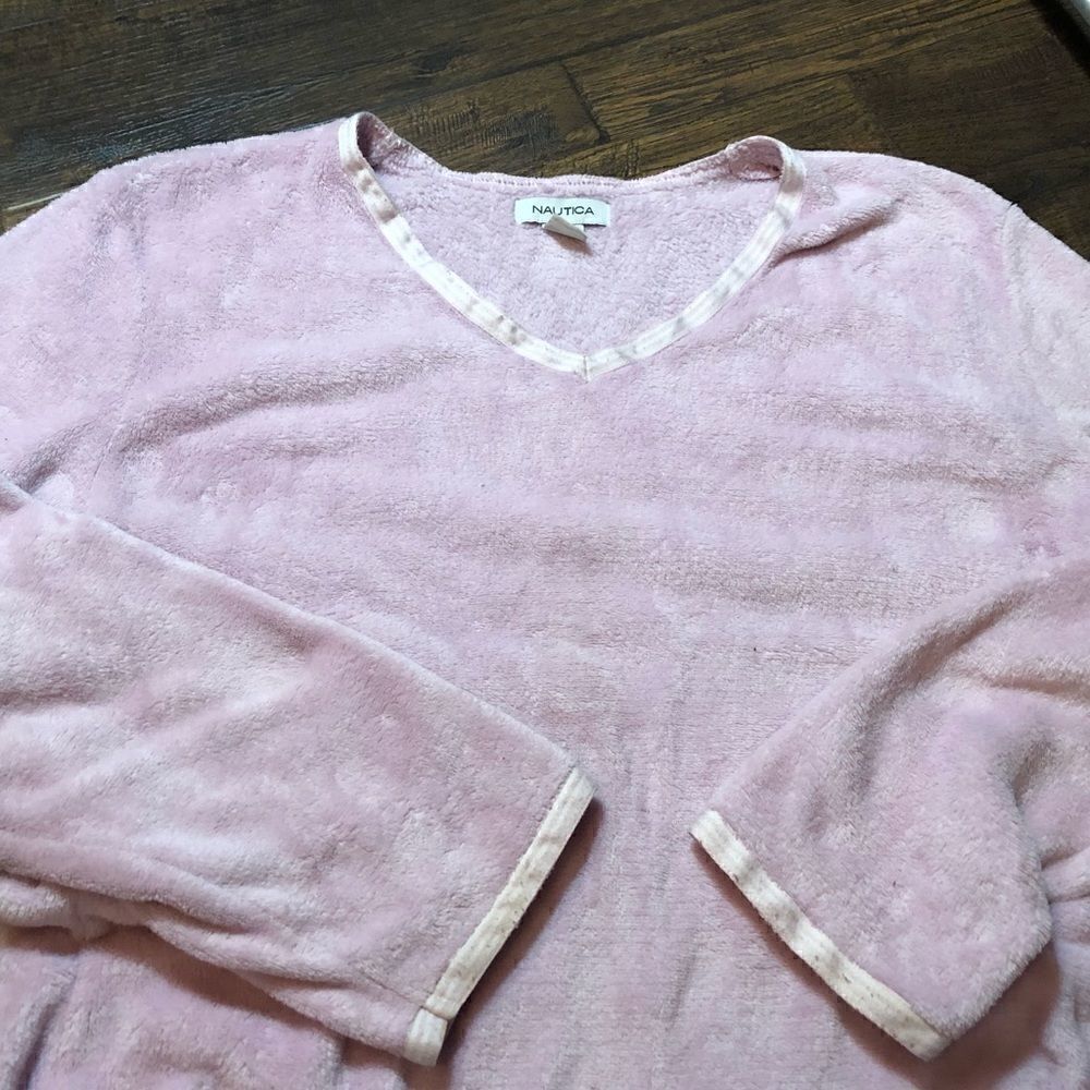 Nautica pink fleece with pink and white stripe trim XL